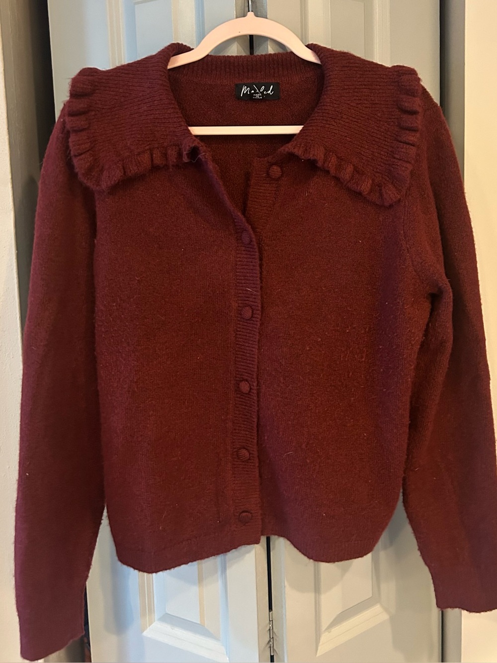 Madewell Deep Maroon Ruffled Collar Button Cardigan